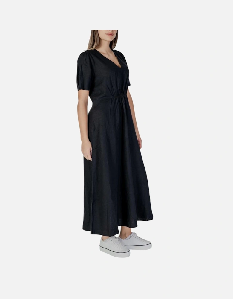 Linen-Blend Viscose Midi Dress Women - Black Dresses