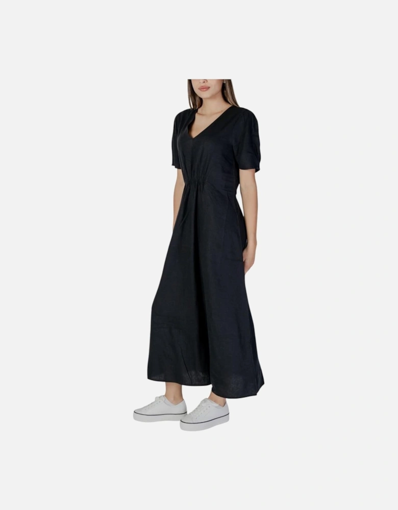 Linen-Blend Viscose Midi Dress Women - Black Dresses