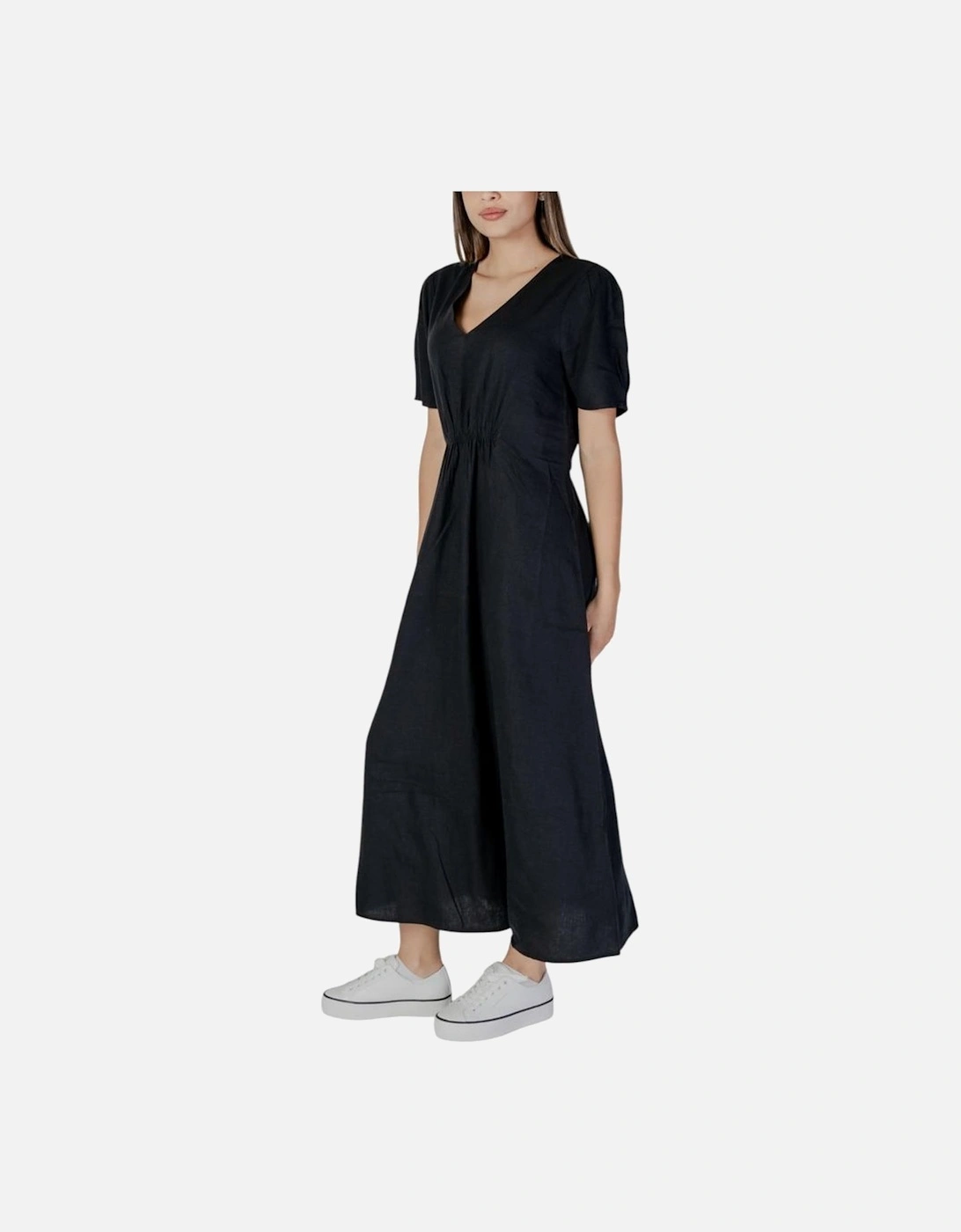 Linen-Blend Viscose Midi Dress Women - Black Dresses