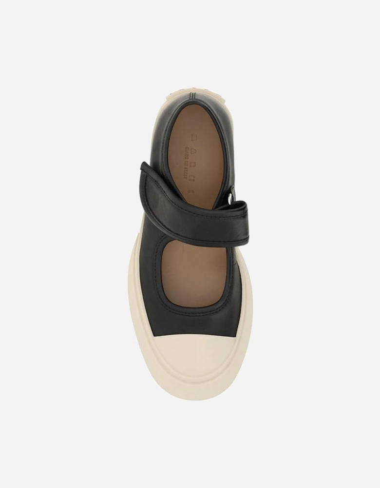 Leather Mary Jane Sneakers with Strap and Monogram Patch Women - Black
