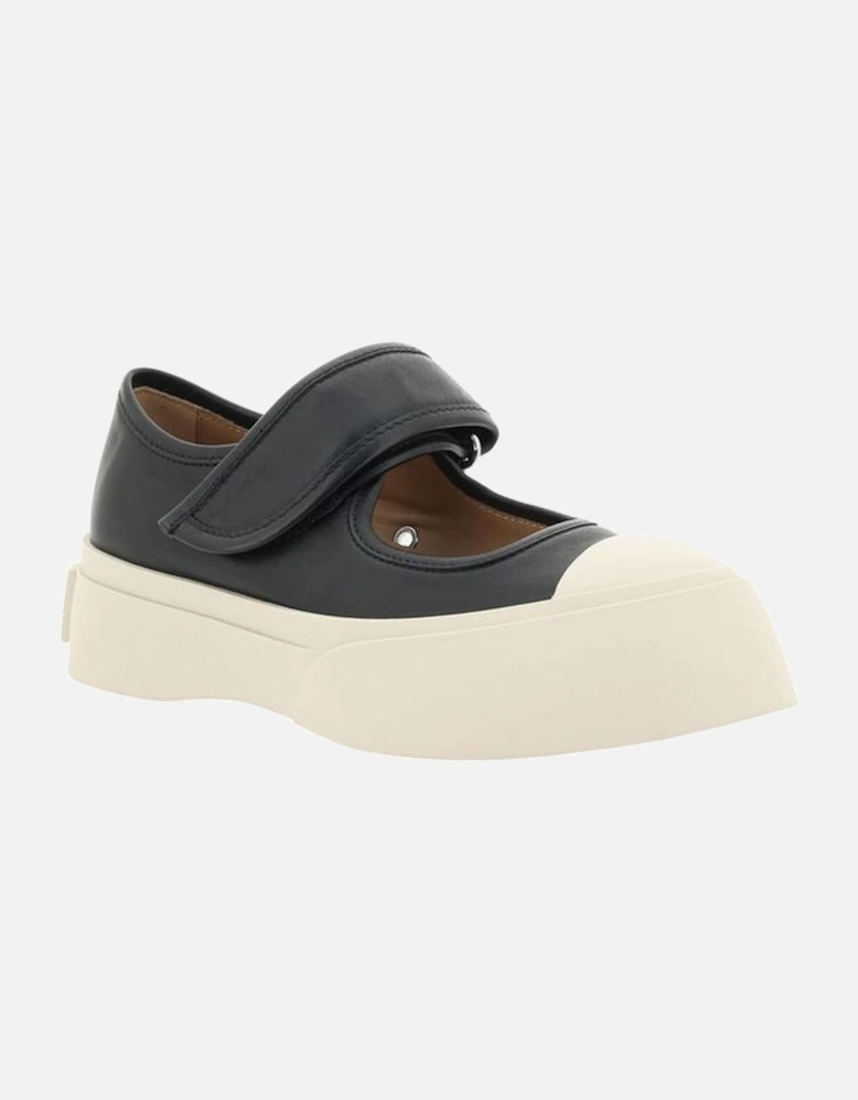 Leather Mary Jane Sneakers with Strap and Monogram Patch Women - Black