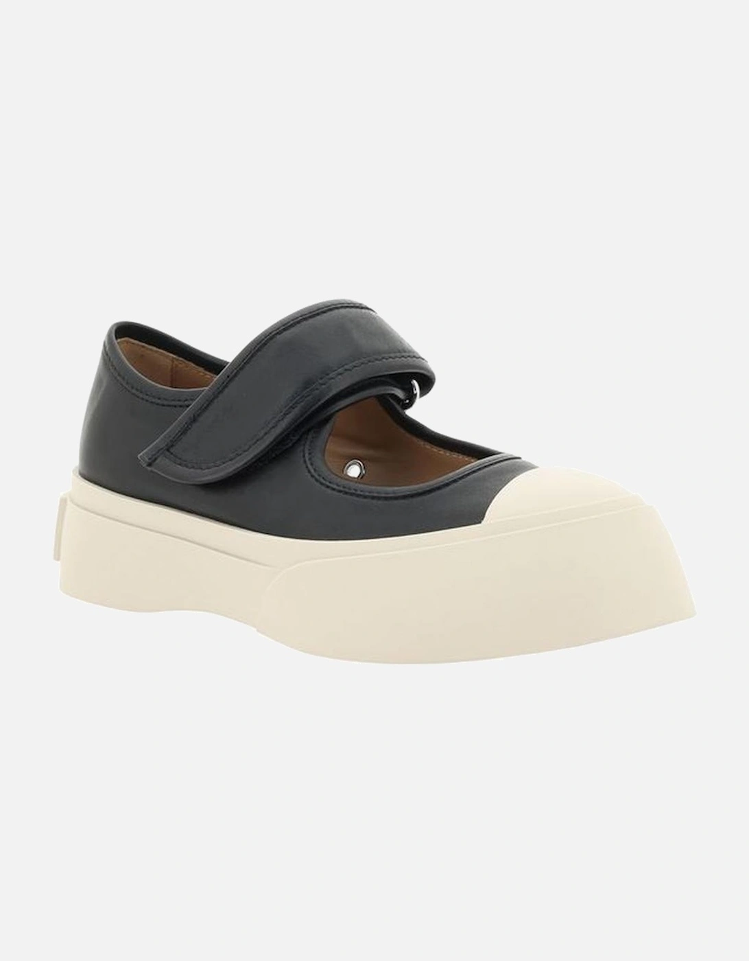Leather Mary Jane Sneakers with Strap and Monogram Patch Women - Black