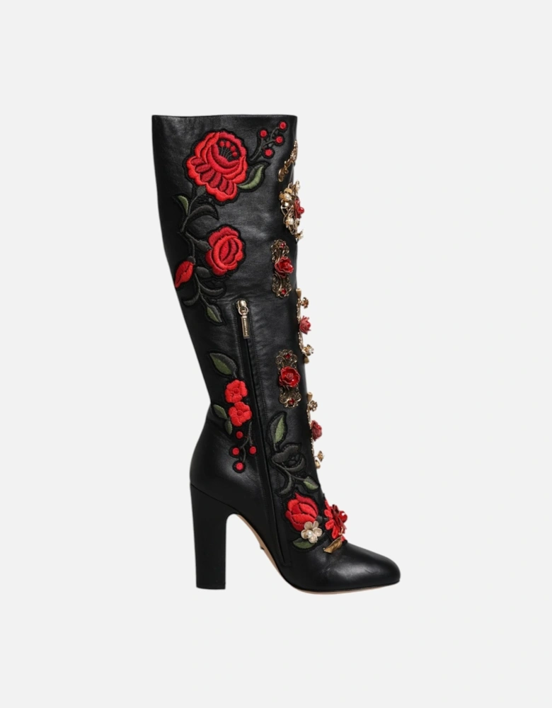 Black Roses Embellished Leather Heel Boots Shoes Women