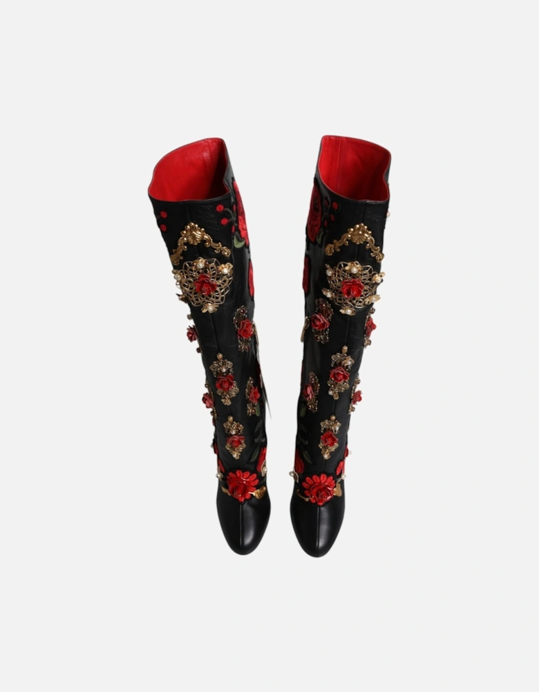 Black Roses Embellished Leather Heel Boots Shoes Women