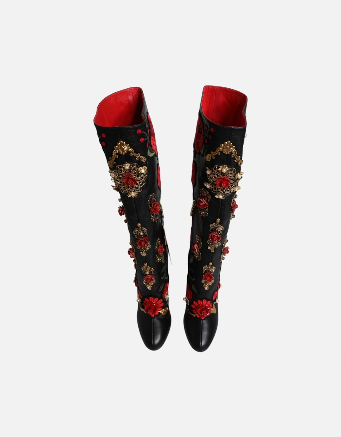 Black Roses Embellished Leather Heel Boots Shoes Women