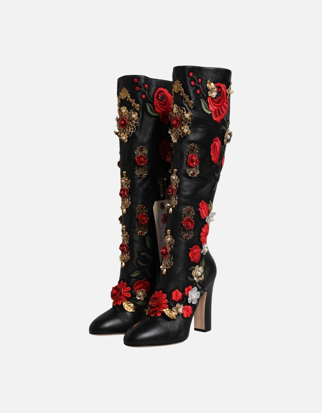 Black Roses Embellished Leather Heel Boots Shoes Women