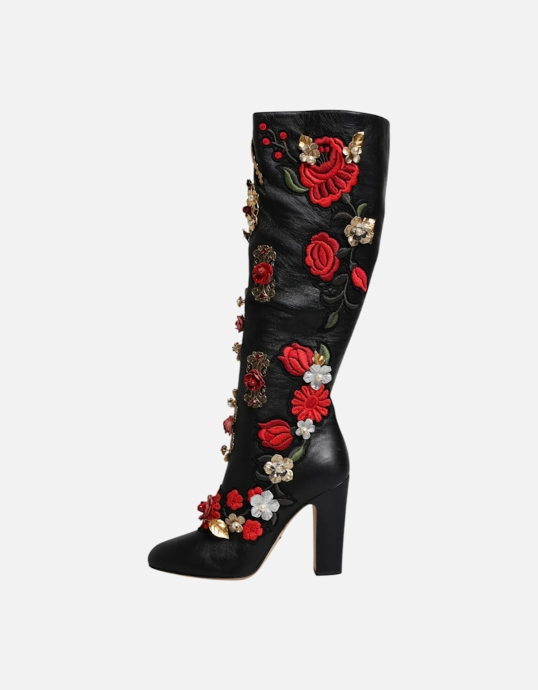 Black Roses Embellished Leather Heel Boots Shoes Women