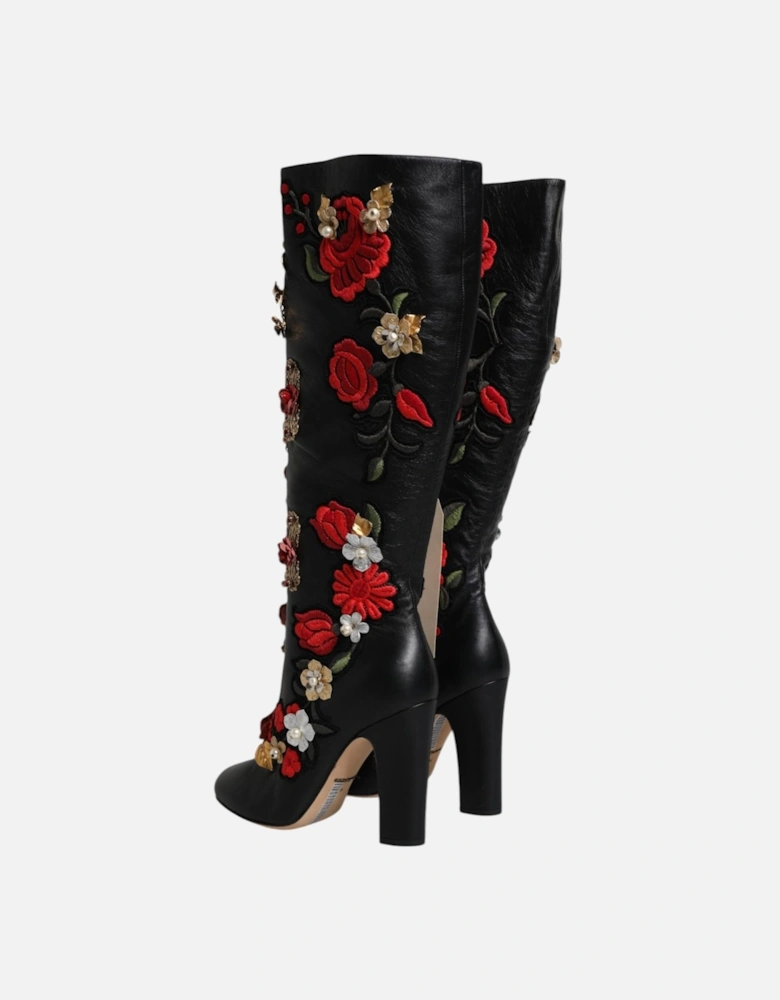 Black Roses Embellished Leather Heel Boots Shoes Women