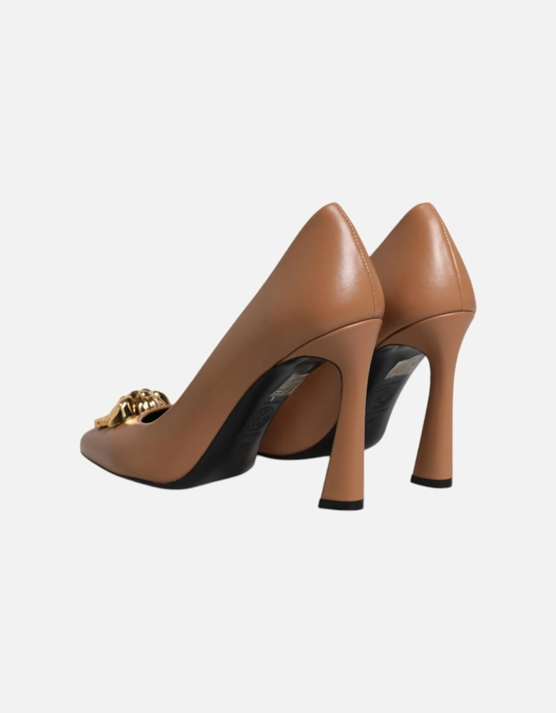 Brown Leather Logo Plaque High Heels Pumps Shoes Women