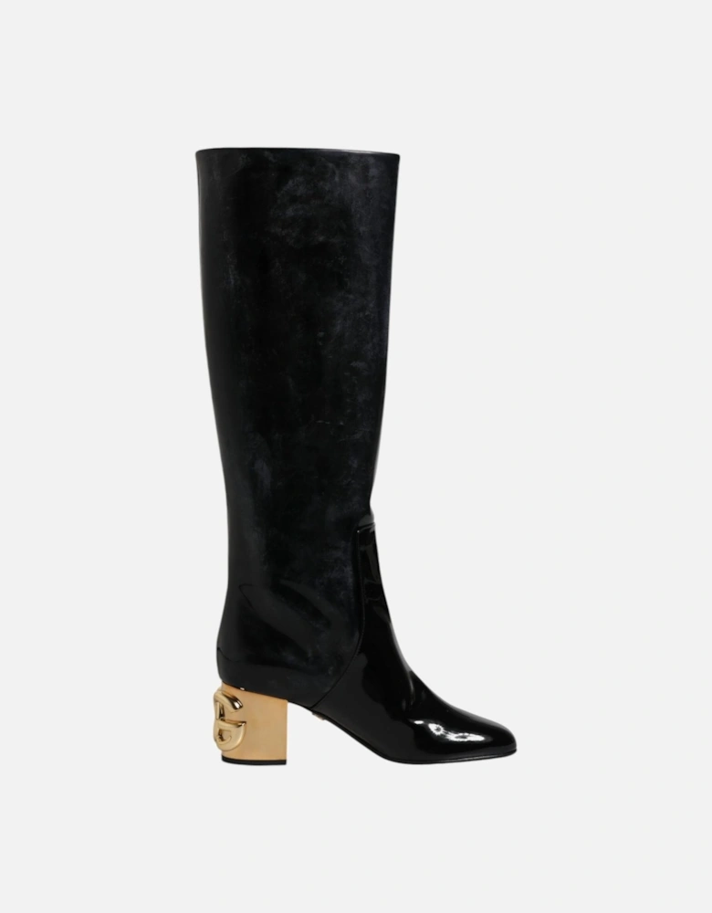 High Leather Boots with Logo Details Women - Black