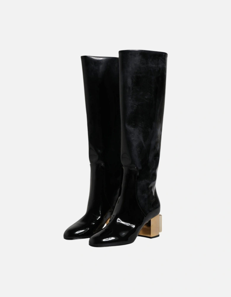 High Leather Boots with Logo Details Women - Black