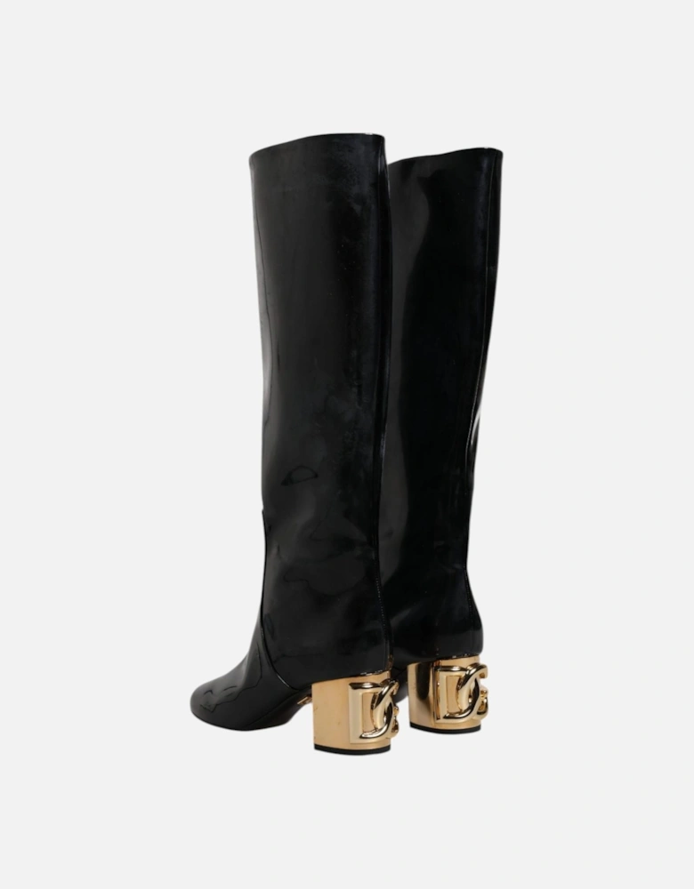 High Leather Boots with Logo Details Women - Black