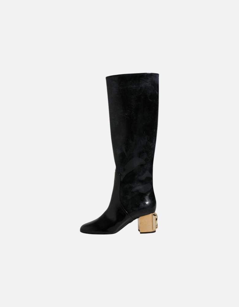 High Leather Boots with Logo Details Women - Black