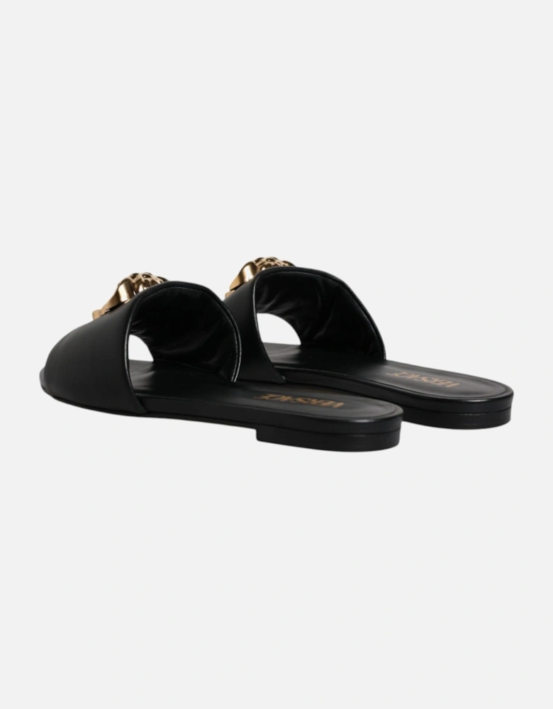 Black Leather Logo Plaque Slip On Slides Flats Shoes Women