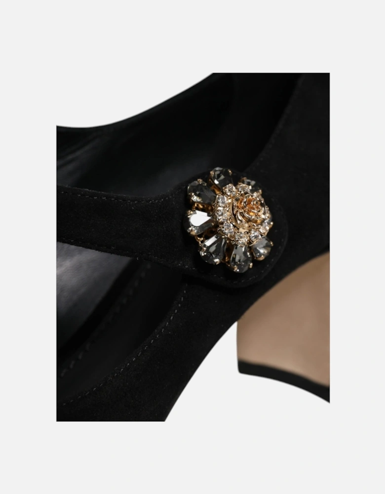 Black Suede Crystal Mary Jane Heels Shoes Women Pumps