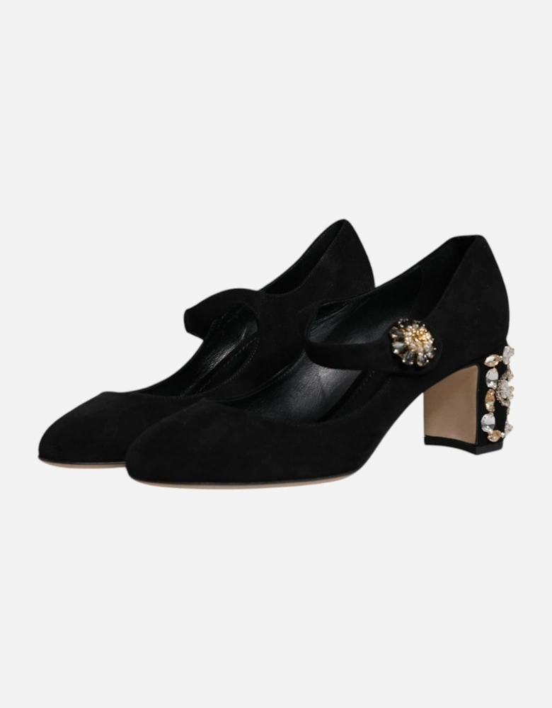 Black Suede Crystal Mary Jane Heels Shoes Women Pumps