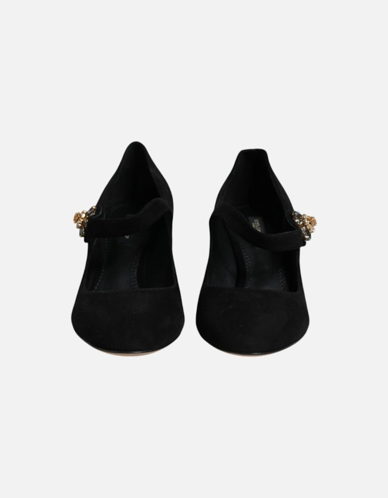 Black Suede Crystal Mary Jane Heels Shoes Women Pumps