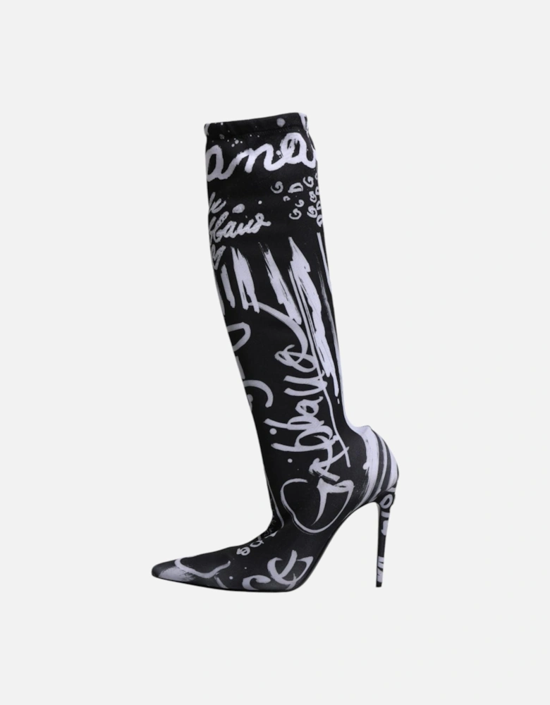 Black Logo Stretch Heels High Boots Shoes Women - Black And White