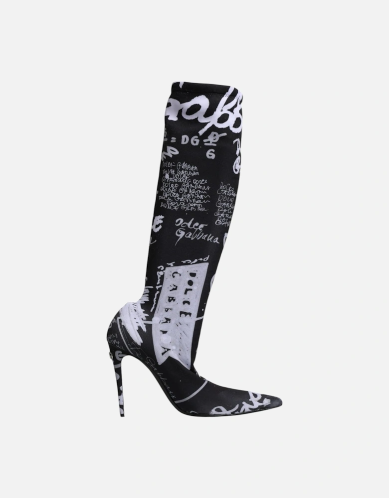 Black Logo Stretch Heels High Boots Shoes Women - Black And White