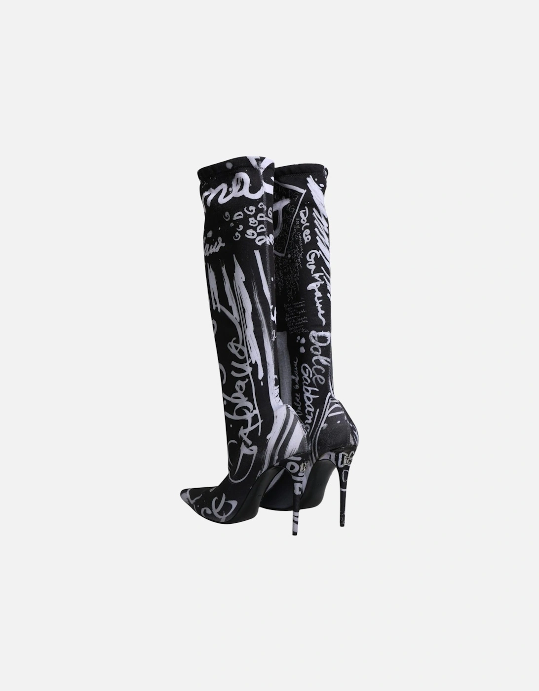 Black Logo Stretch Heels High Boots Shoes Women - Black And White