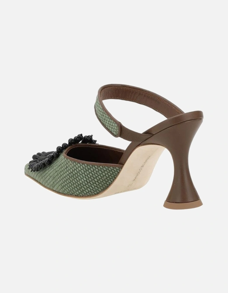 Raffia Pumps with Elongated Toe and Beaded Applique Women - Green