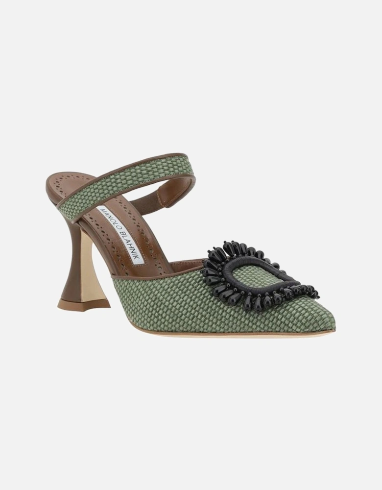 Raffia Pumps with Elongated Toe and Beaded Applique Women - Green