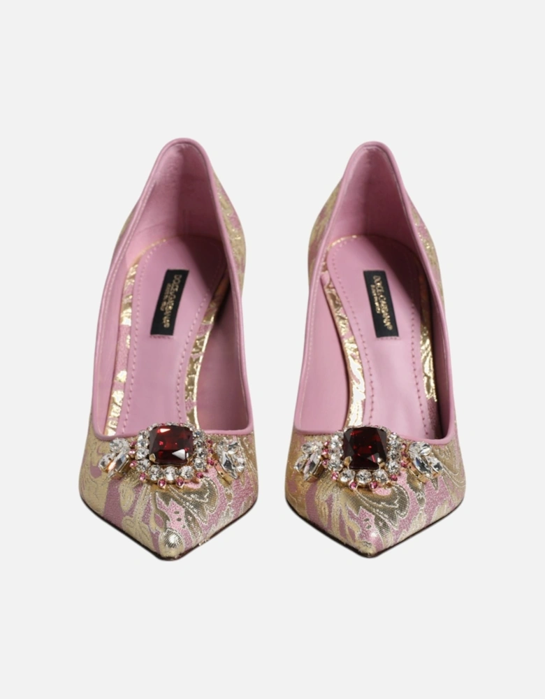 Pink Gold Jacquard Crystal High Heels Pumps Shoes Women - Gold And