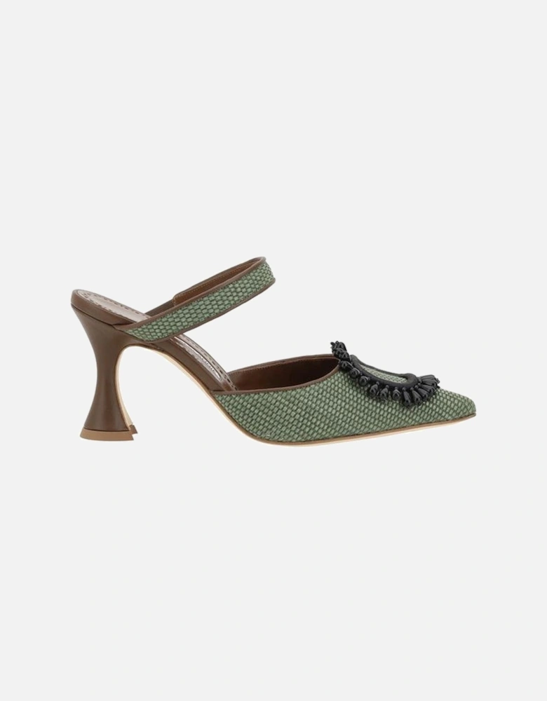 Raffia Pumps with Elongated Toe and Beaded Applique Women - Green