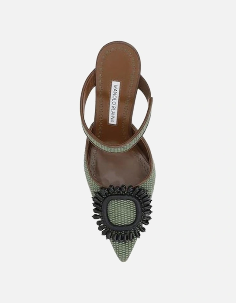 Raffia Pumps with Elongated Toe and Beaded Applique Women - Green