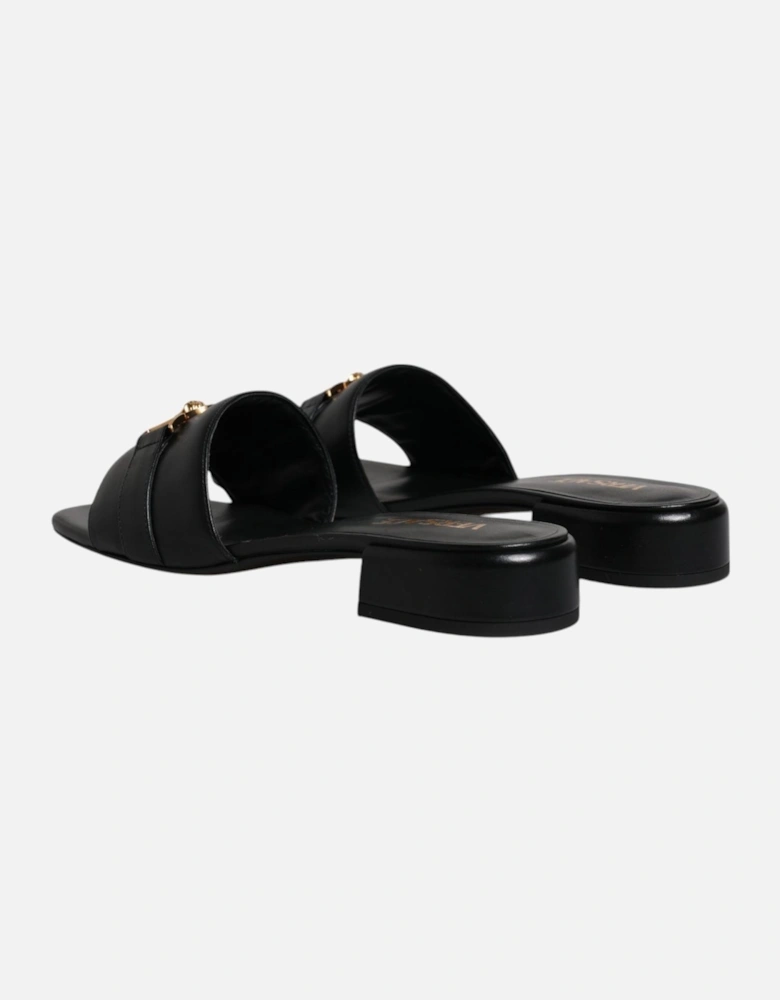 Black Leather Logo Plaque Slip On Slides Flats Shoes Women