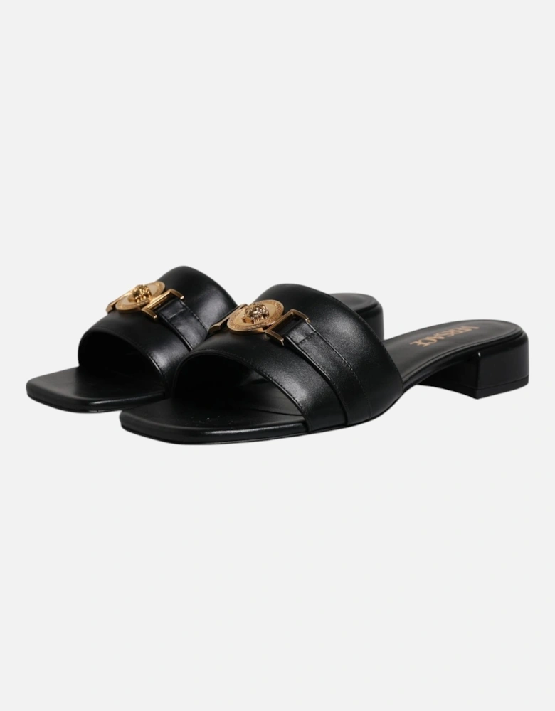 Black Leather Logo Plaque Slip On Slides Flats Shoes Women