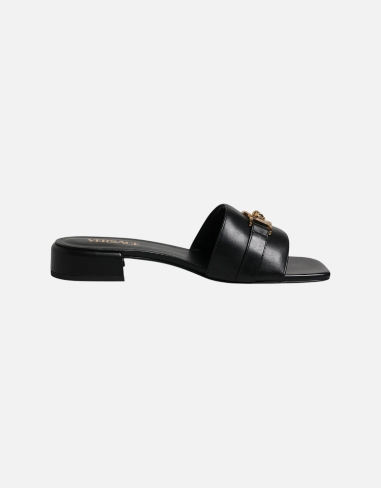 Black Leather Logo Plaque Slip On Slides Flats Shoes Women