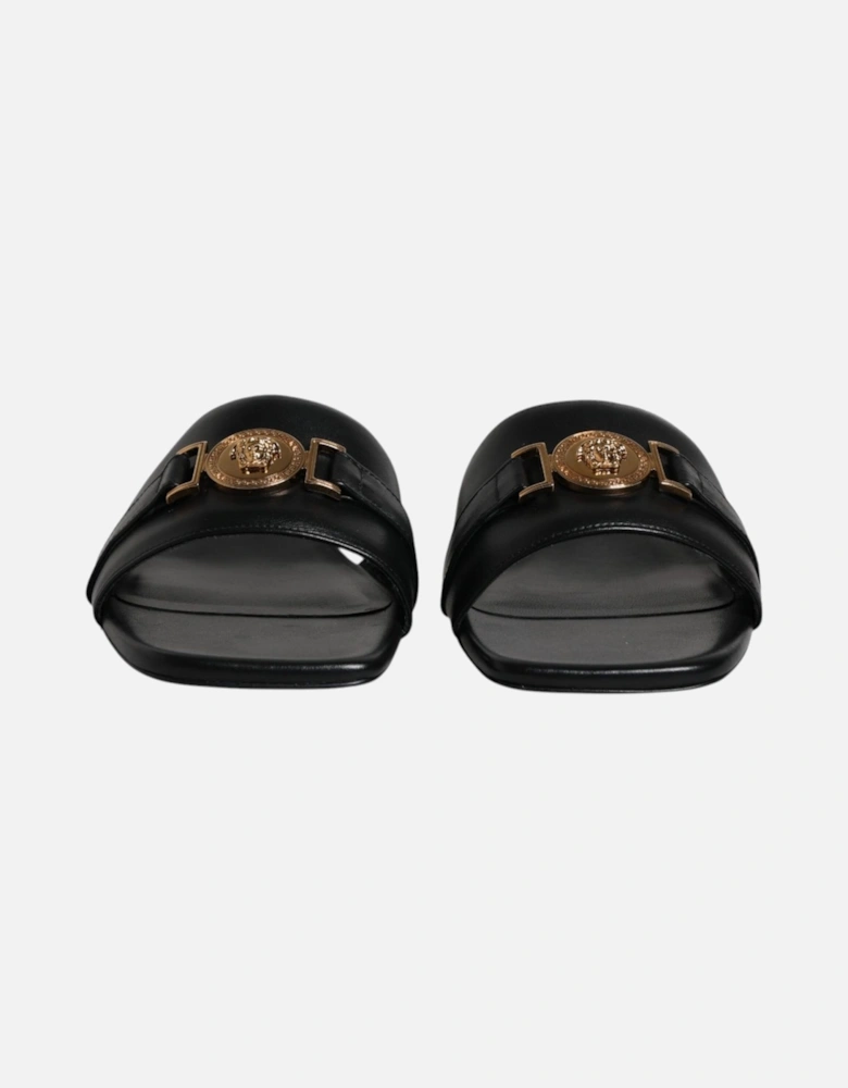 Black Leather Logo Plaque Slip On Slides Flats Shoes Women