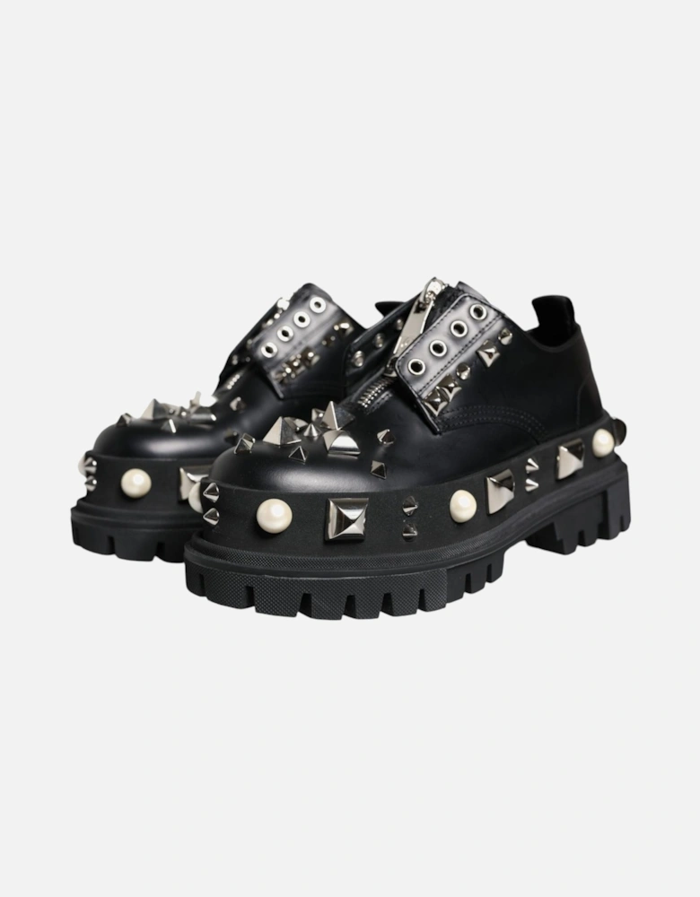 Derby Embellished Leather Lace-Up Shoes Women - Black Flats