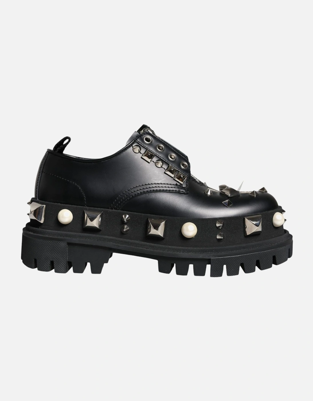 Derby Embellished Leather Lace-Up Shoes Women - Black Flats, 7 of 6