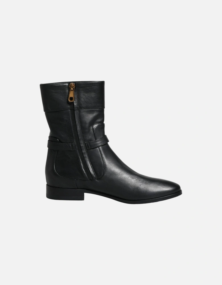 Black Leather Logo Mid Calf Boots Shoes Women