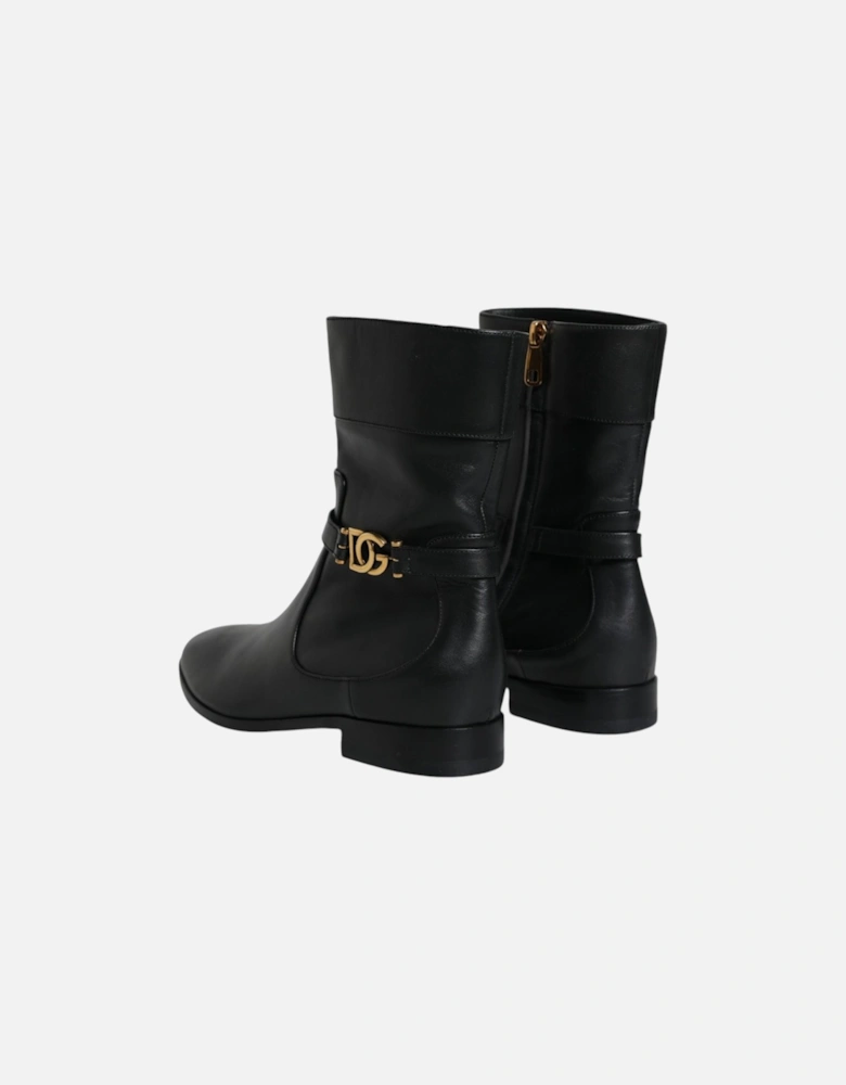 Black Leather Logo Mid Calf Boots Shoes Women