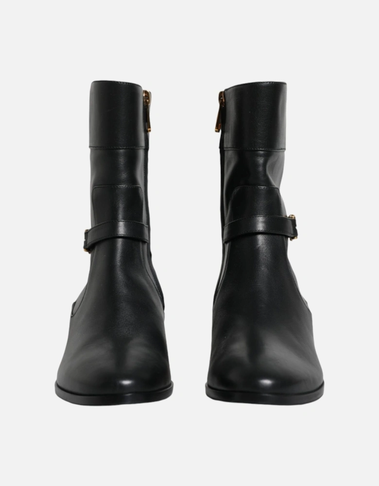 Black Leather Logo Mid Calf Boots Shoes Women