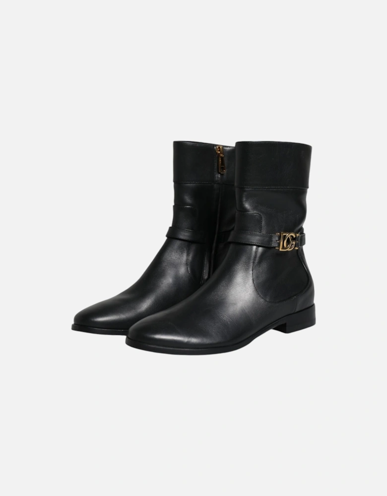 Black Leather Logo Mid Calf Boots Shoes Women