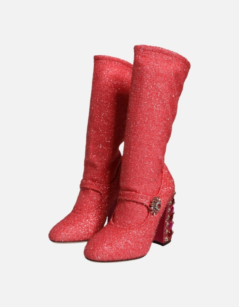 Embellished Mid Calf Sock Boots with Crystal Details Women - Pink