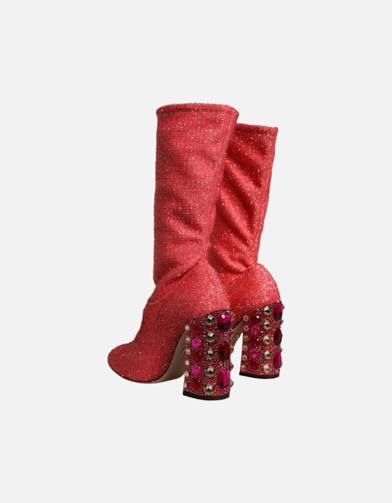 Embellished Mid Calf Sock Boots with Crystal Details Women - Pink