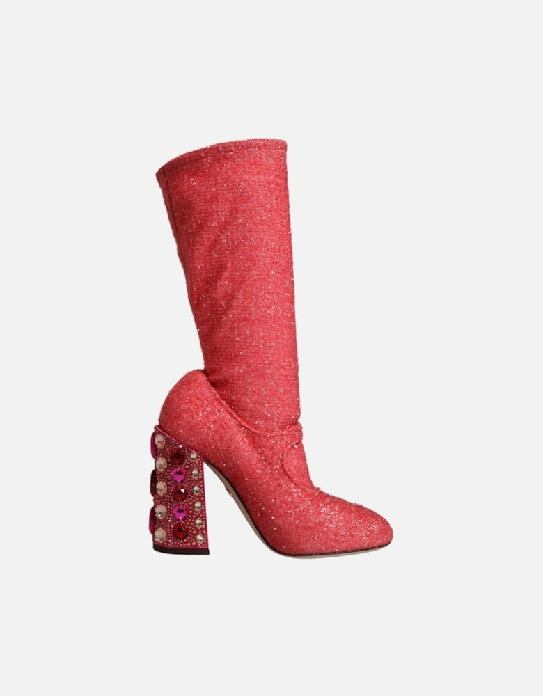 Embellished Mid Calf Sock Boots with Crystal Details Women - Pink