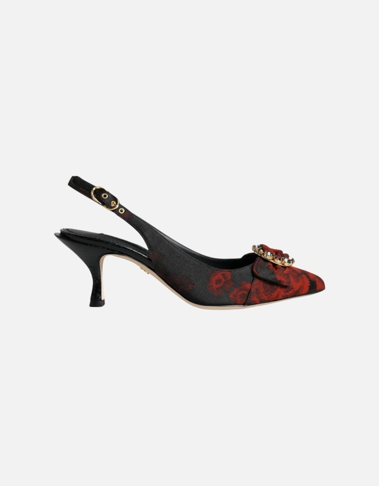 Black Red Floral Crystal Heel Slingback Shoes Women - Black And Red