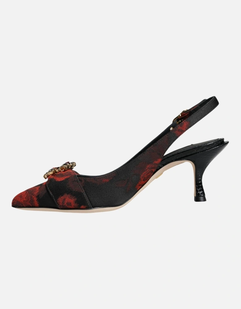 Black Red Floral Crystal Heel Slingback Shoes Women - Black And Red