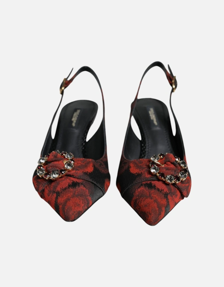 Black Red Floral Crystal Heel Slingback Shoes Women - Black And Red