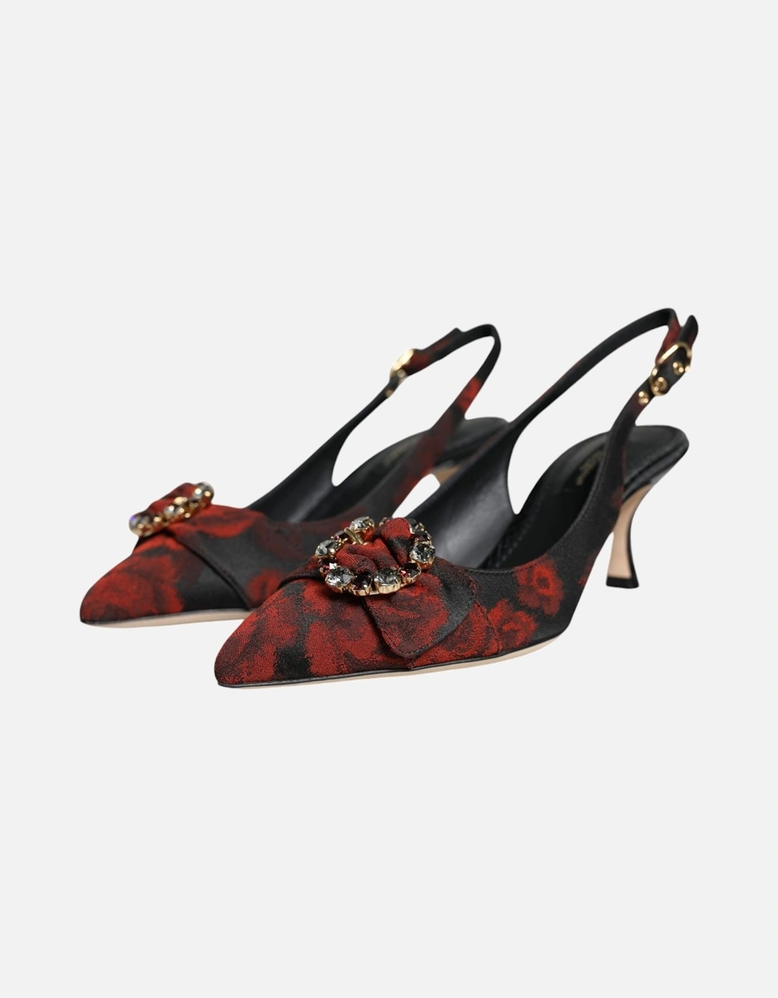 Black Red Floral Crystal Heel Slingback Shoes Women - Black And Red