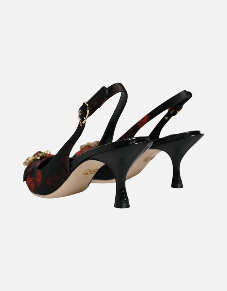 Black Red Floral Crystal Heel Slingback Shoes Women - Black And Red