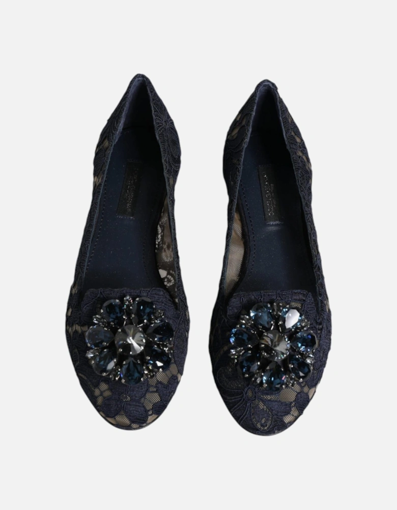 Elegant Floral Lace Flat Shoes with Crystal Embellishment Women - Blue