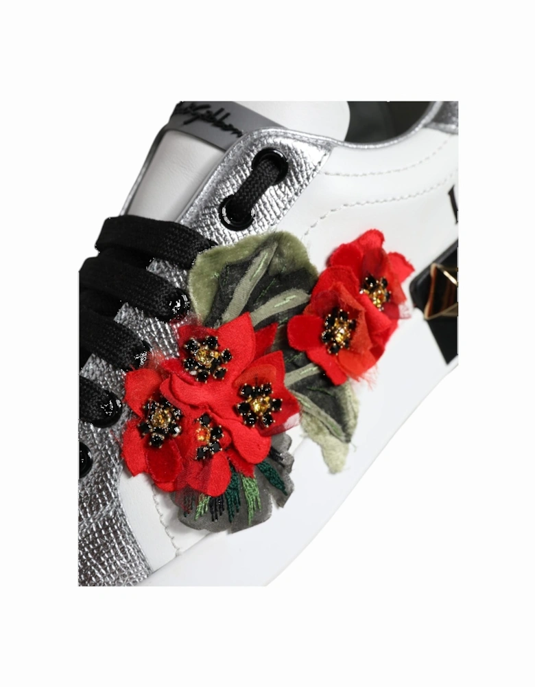 White Leather Floral Studded Sneakers Shoes Women