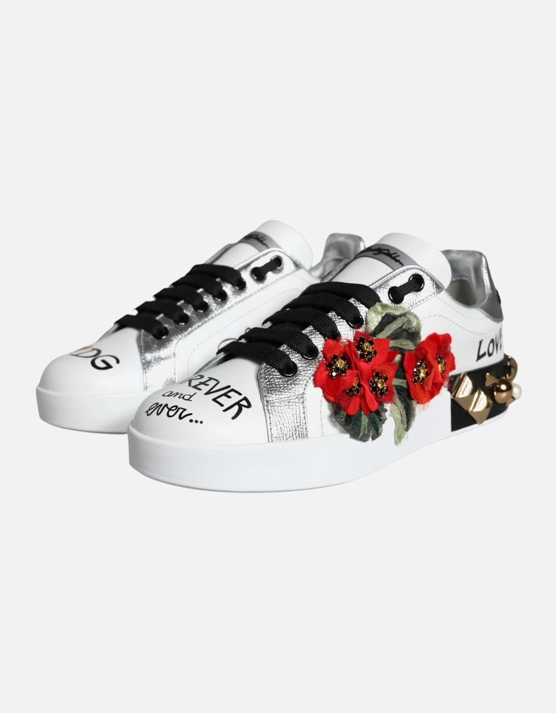 White Leather Floral Studded Sneakers Shoes Women